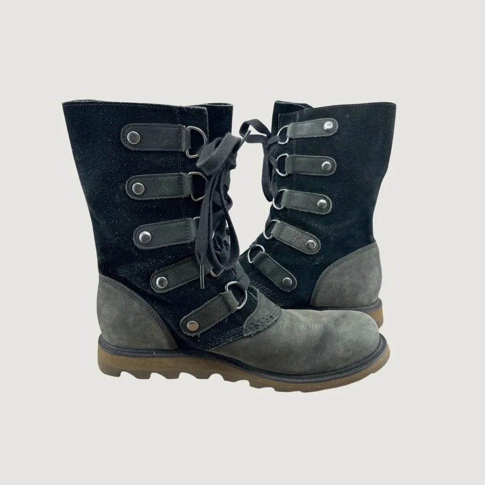 Sorel Boots Black Leather Suede Lace Up 8 Mid Calf Gorpcore Winter‎ Rugged Cozy